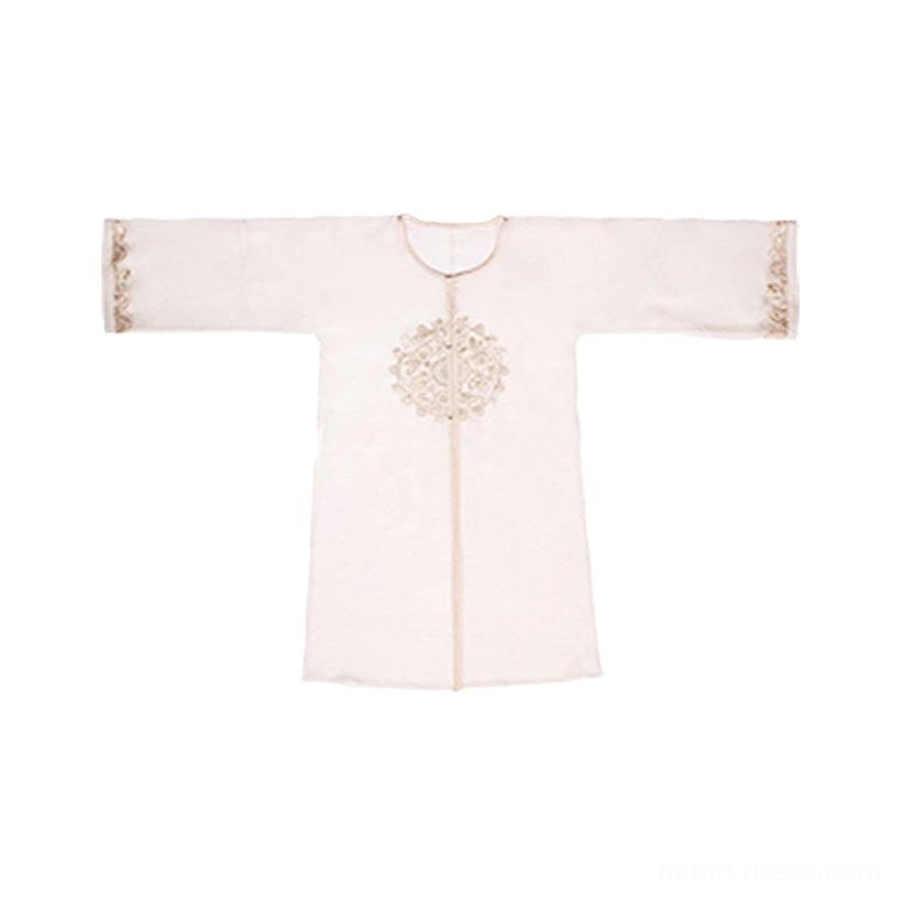 Flat lay of a cream white sheer Chinese style cardigan with round neckline, central circular floral embroidery, contrast sleeve cuffs, and hem trim