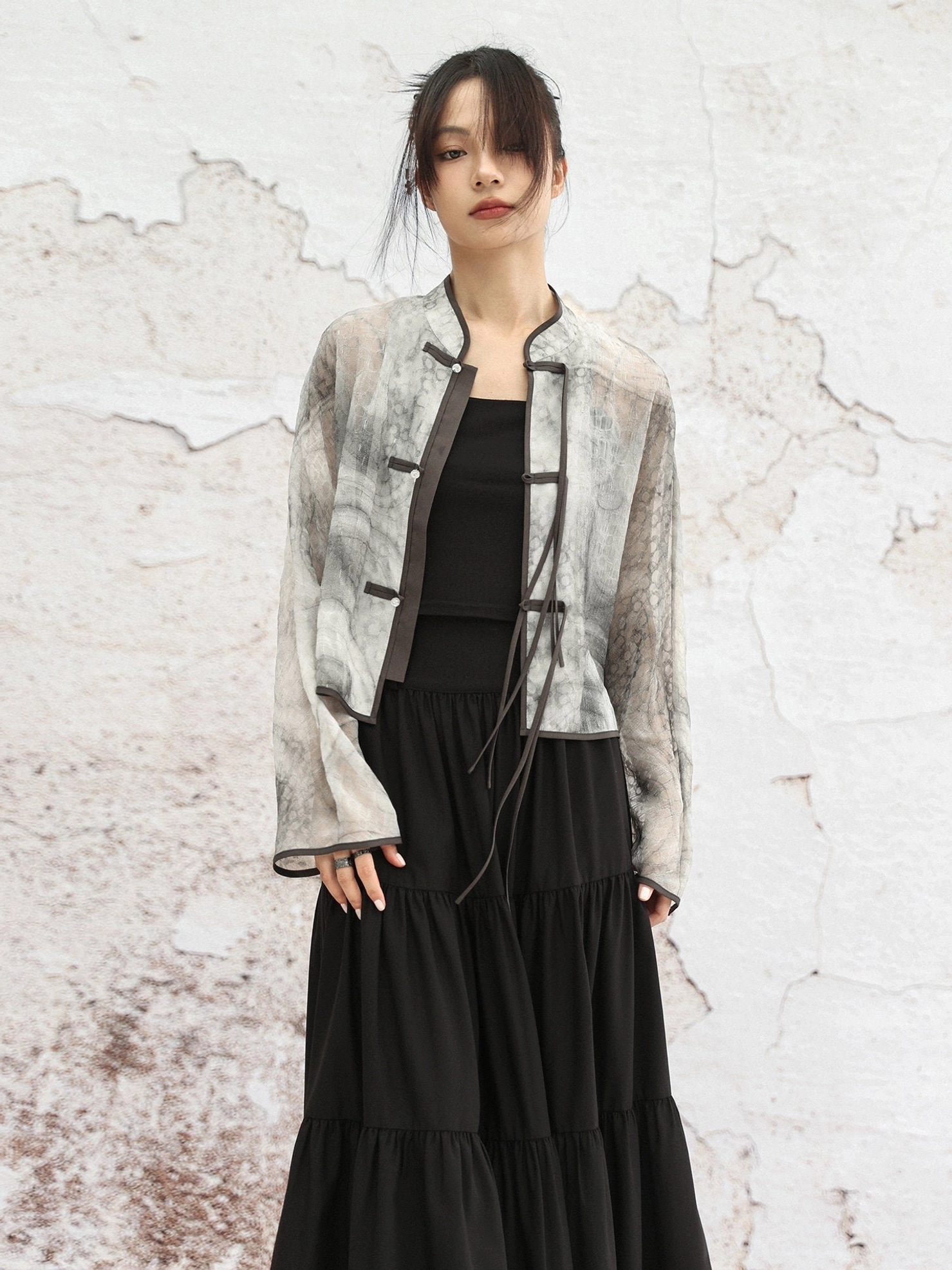 Full front view of sheer graphite ink-wash Hanfu jacket with loose long sleeves, styled over a black camisole and wide-leg trousers