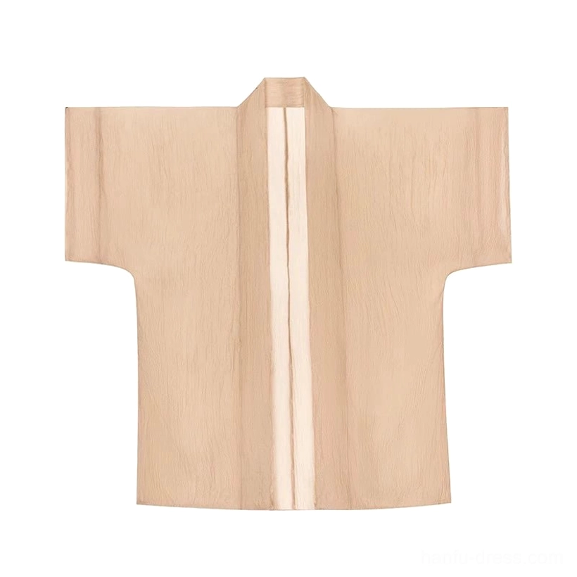 Flat lay view of a sheer light tan Song Dynasty Hanfu beizi outer jacket with crinkled fabric, open front, wide sleeves, and contrasting trim
