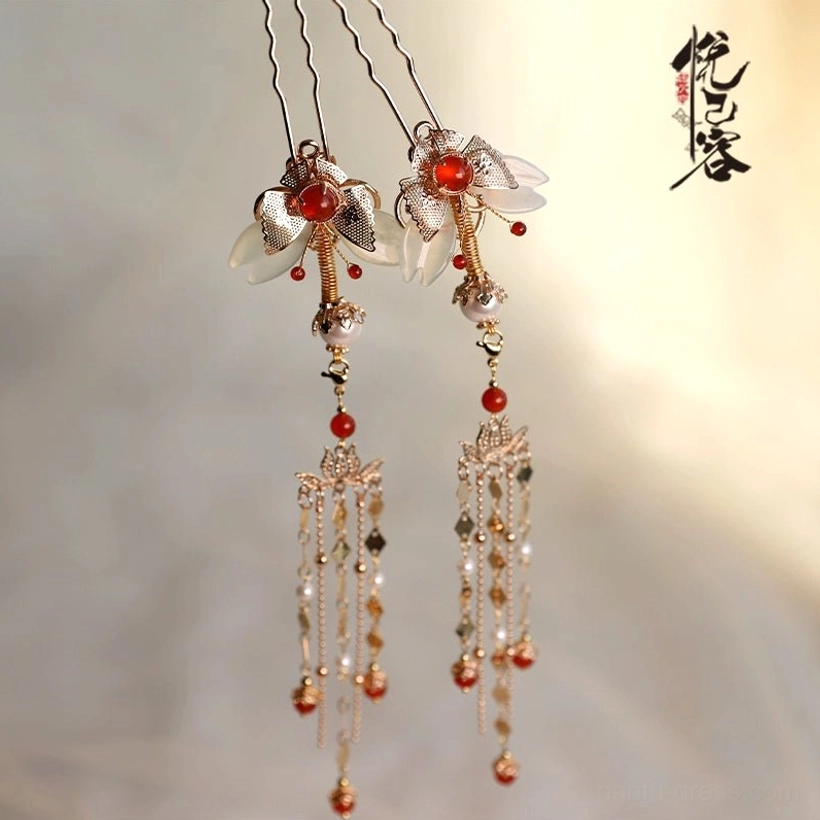 Shengzhao Chinese tassel hairpin set with gold-tone metal, red beads, jade-like white flower pendants and long dangling chains