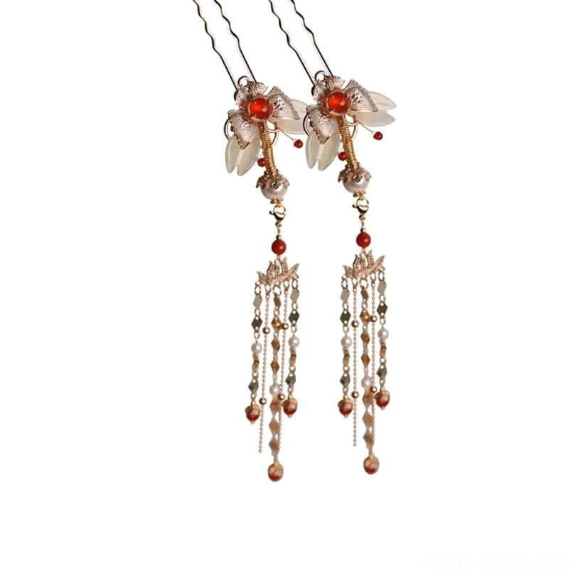Shengzhao Chinese tassel hairpin product display with gold-tone base, red bead, white jade-like flower and dangling chains