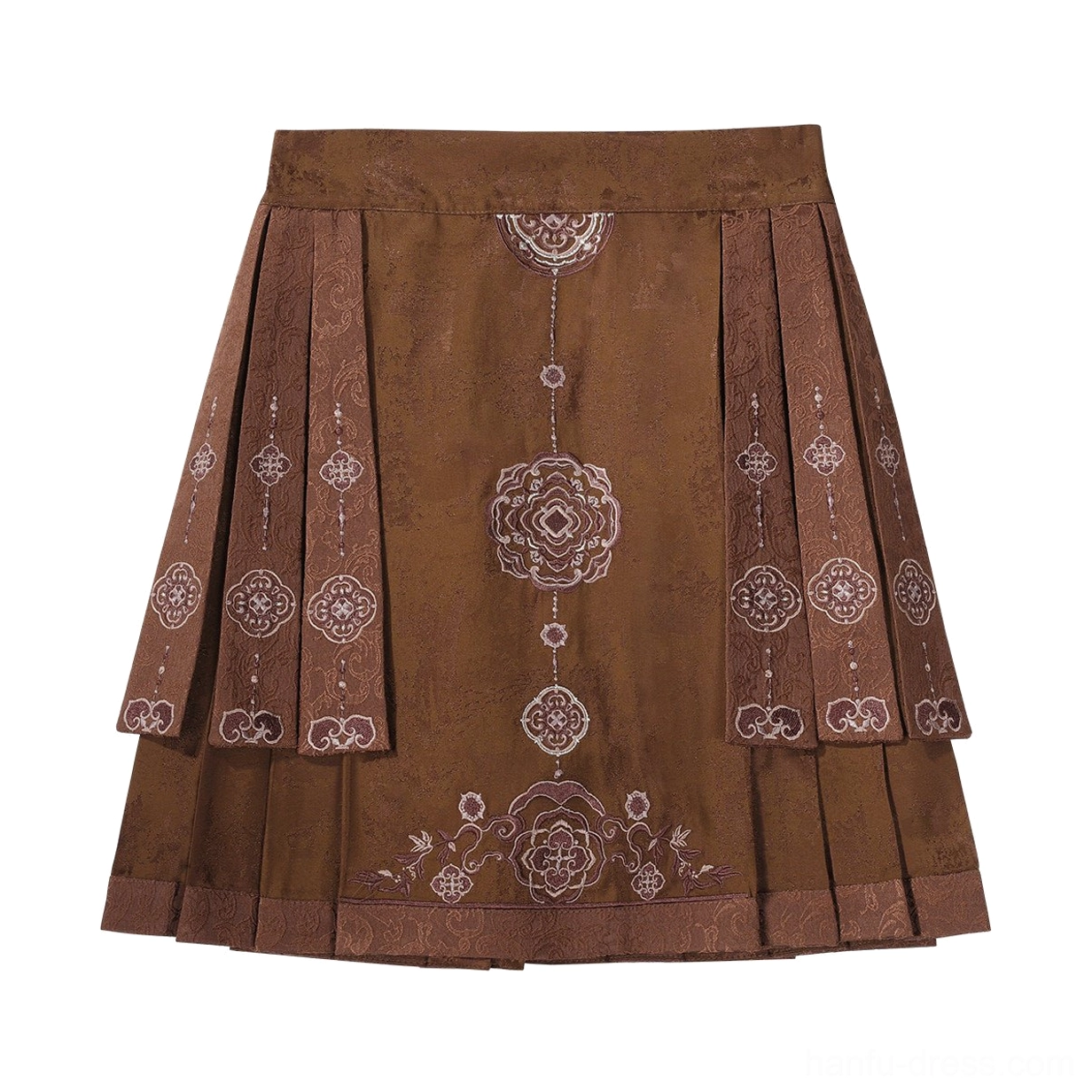 Flat lay of short dark brown pleated mamianqun horse-face skirt with traditional embroidered motifs and layered panels
