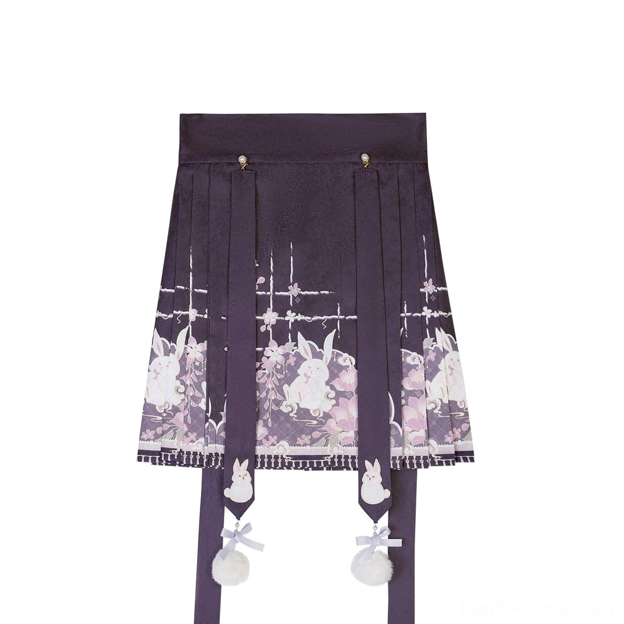 Short purple mamianqun horse face skirt with high waist, rabbit and flower hem print, side hanging straps, and pom-pom ornaments