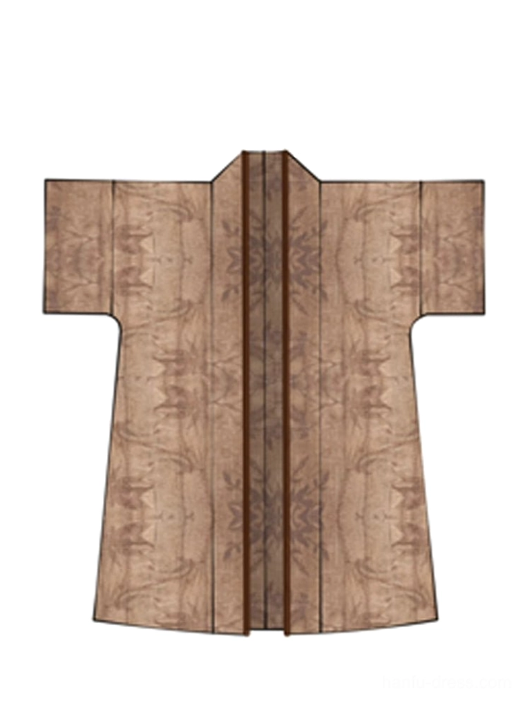 Flat lay design view of a short-sleeve modern Hanfu outer cardigan with wood grain ink print and contrasting brown fabric edge trim