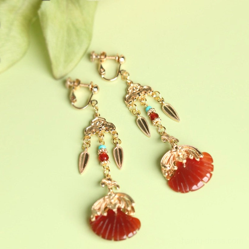 Comfort clip-on Chinese Hanfu drop earrings with red fan pendants, gold-toned decorative metalwork, and turquoise bead accents