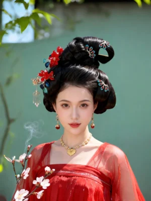 Model wearing red Tang-style Hanfu with Shuangxi red fan Chinese earrings and matching traditional jewelry in a flowering garden setting