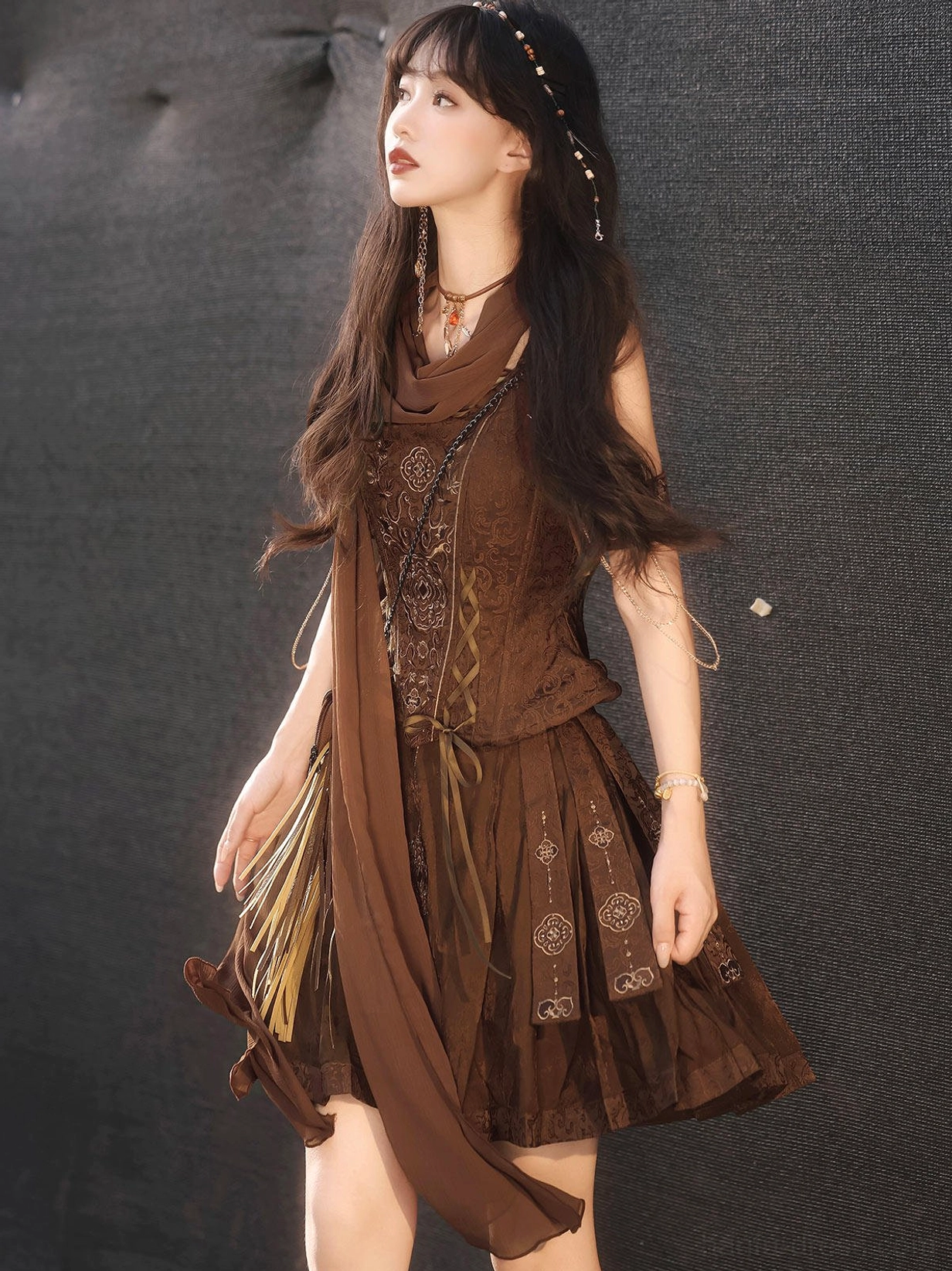 Side view of coffee brown embroidered Hanfu bustier and mamianqun skirt with a sheer shoulder scarf