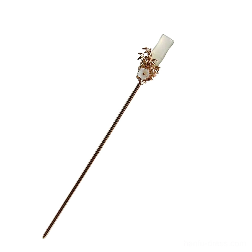 Single jade green bamboo Chinese hair stick with gold floral bamboo leaf ornament and slim pin shaft