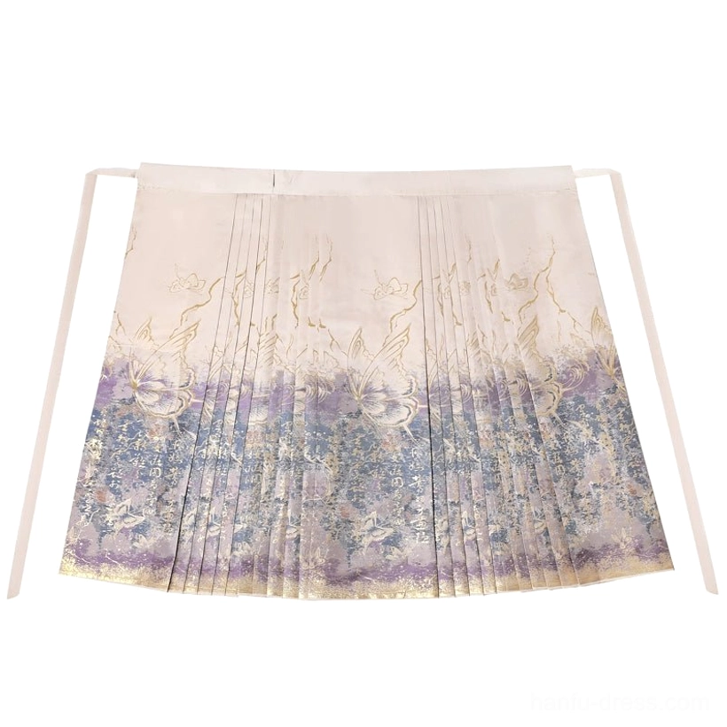 Single modern mamianqun horse face skirt displayed flat with cream to purple blue ombre color, gold butterfly print, structured pleats, and adjustable waist straps