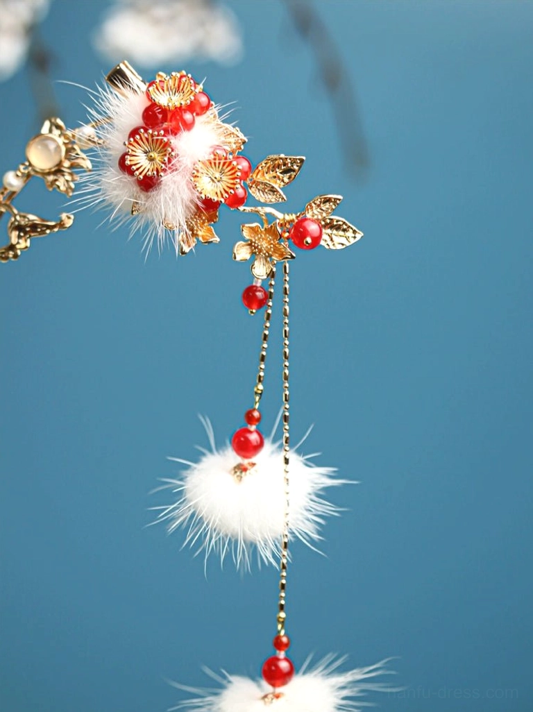 Single plum blossom Chinese hair pin with gold leaf details, white fuzzy pom-poms, red bead accents, and a long fur-tipped tassel