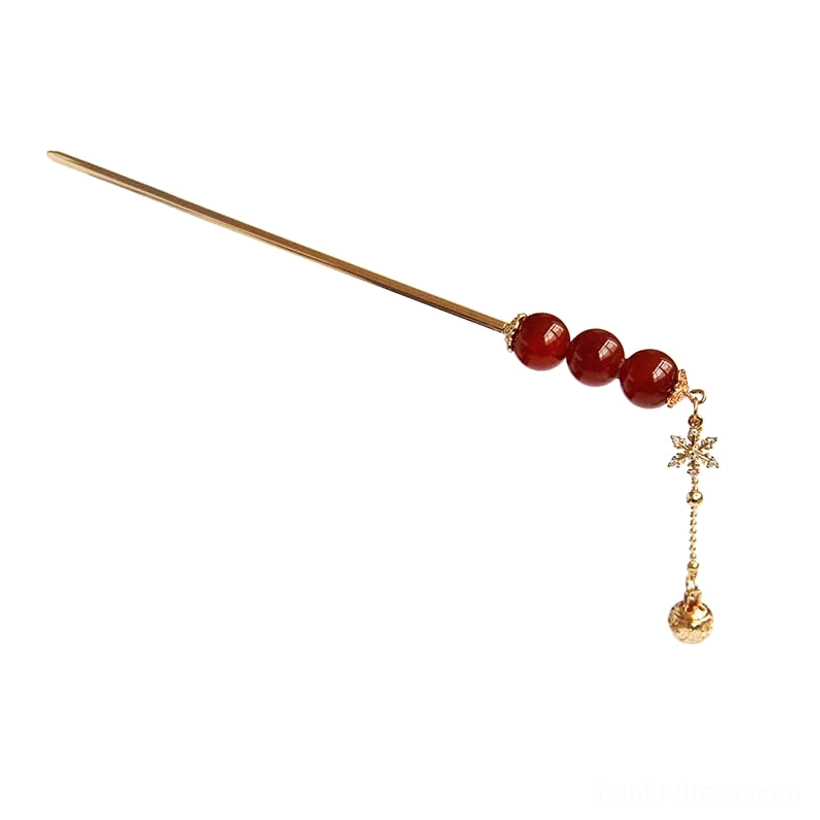 Single tanghulu Chinese hair stick with three reddish round beads gold-tone metal rod snowflake charm and bell tassel