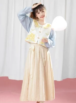 Side view of modern Ming-inspired Hanfu outfit with blue round-collar top floral butterfly vest and pleated skirt