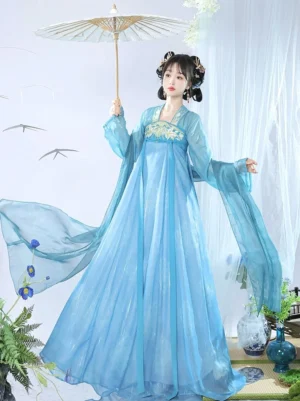 Sky blue Qixiong Ruqun Tang Dynasty Hanfu model holding a traditional bamboo oil-paper umbrella with flowing chiffon skirt and decorative silk sashes