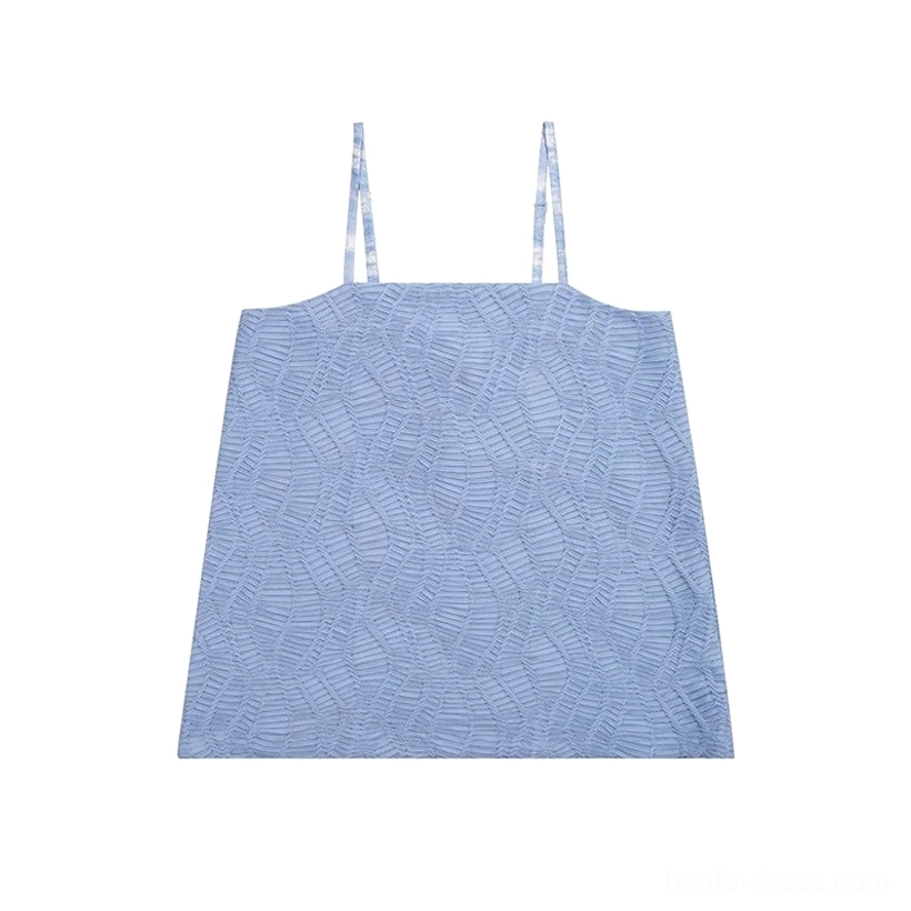 Flat lay of a sky-blue Song Dynasty Hanfu camisole featuring wave-pattern textured fabric, thin adjustable straps, and a classic square neckline