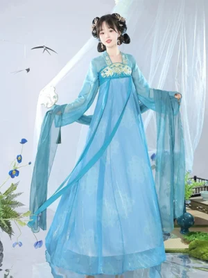 Sky blue Tang Dynasty Hanfu Qixiong Ruqun shown in a full front view with sheer chiffon layers, embroidered floral chest panel, and long flowing waist ribbons