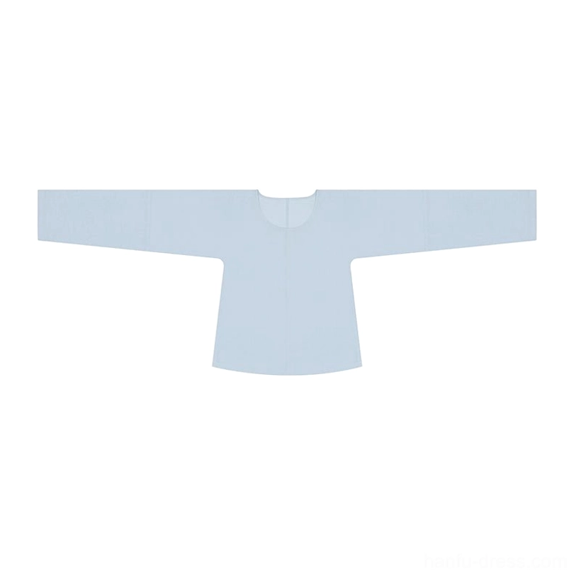 Flat lay of soft sky blue Tang Hanfu round collar inner top with wide traditional Chinese sleeves