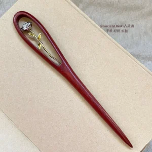 Slender handmade Chinese hair stick with rich reddish brown wood finish and sparkling rose decoration for hanfu qipao and cheongsam hairstyles
