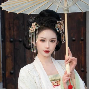Smoke and Rain floral butterfly Hanfu hair accessory set worn with light traditional Chinese Hanfu and oiled paper umbrella