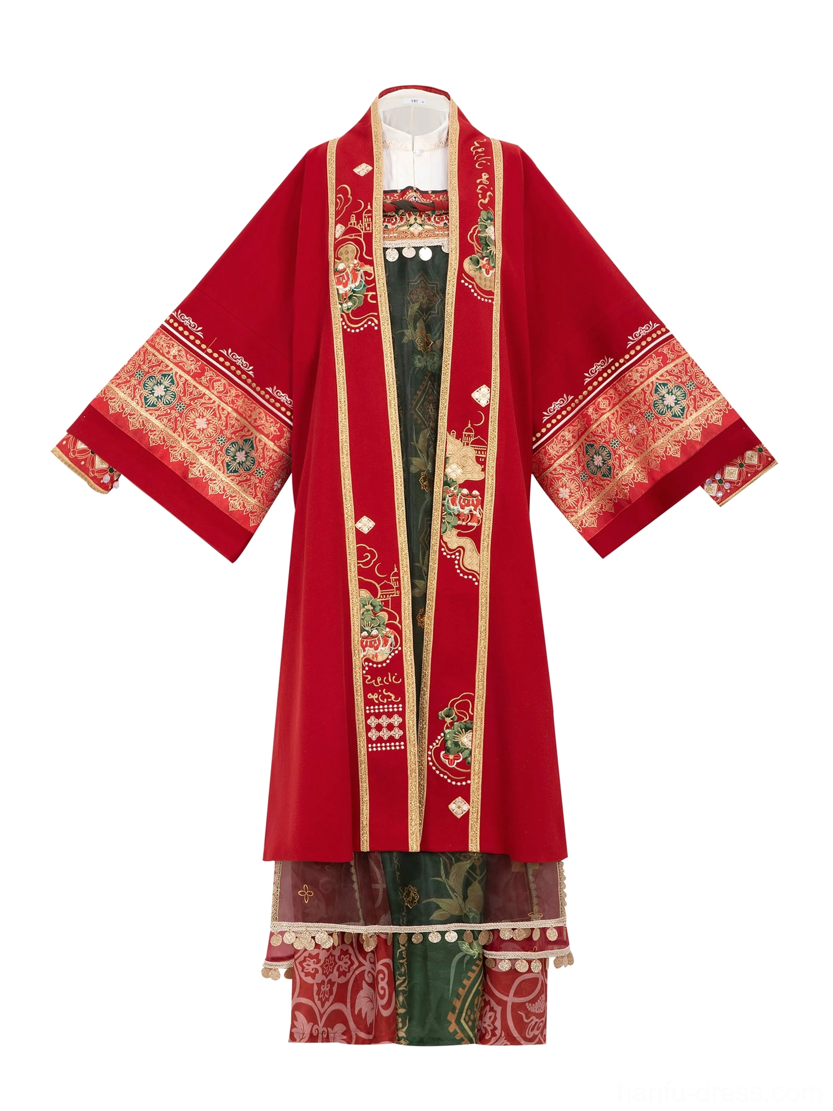 Flat lay complete modern Dunhuang Tang Dynasty Hanfu outfit with red embroidered wide sleeve coat white shirt and red green wrap dress