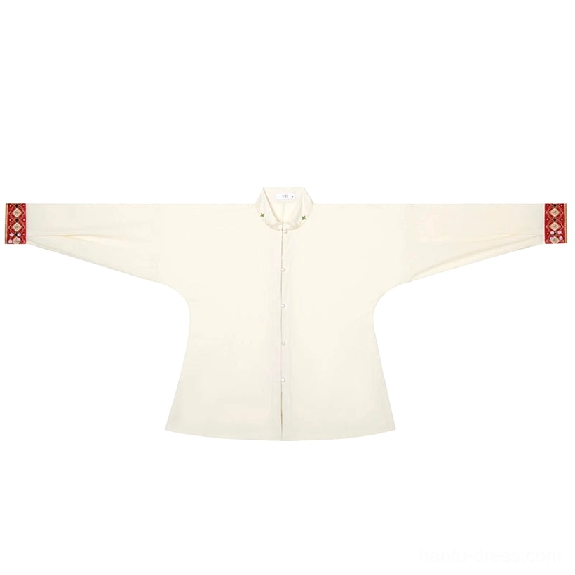 Off white standing collar shirt for Dunhuang Tang Dynasty Hanfu outfit with button front and patterned sleeve cuff details