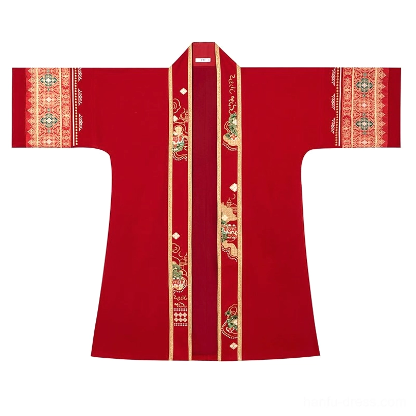 Deep red wide sleeve Dunhuang inspired Tang Dynasty Hanfu coat with colorful embroidered placket and cuff trims flat lay