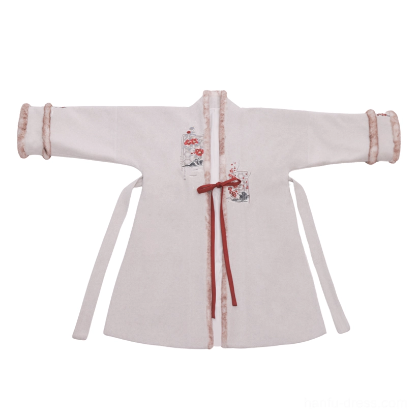 Apricot velvet Song Dynasty modern hanfu jacket flat lay with wide sleeves floral embroidery and red tie sash