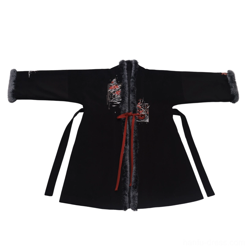 Black velvet Song Dynasty modern hanfu jacket flat lay with grey faux fur trim floral embroidery and red waist tie
