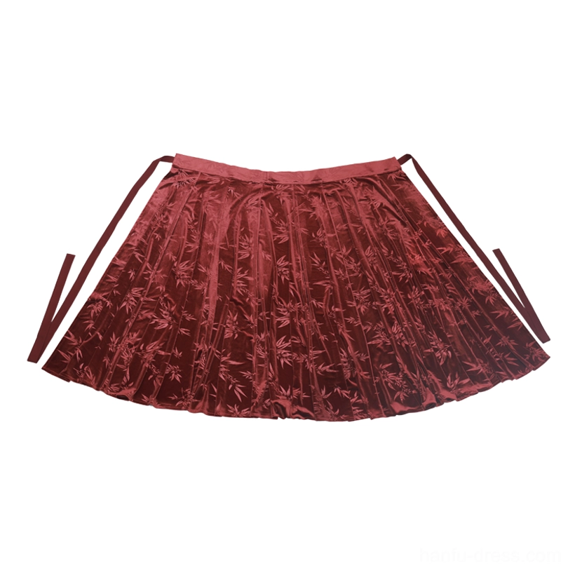 Burgundy red bamboo patterned pleated velvet hanfu wrap skirt with adjustable side waist ties flat lay