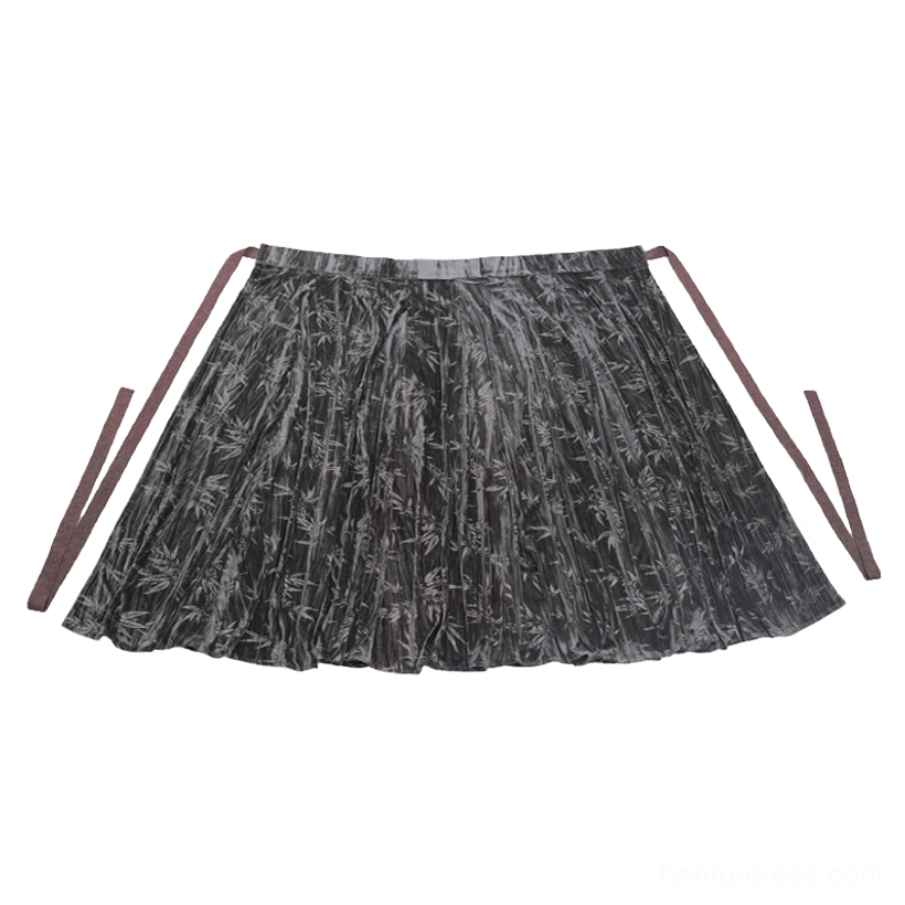 Dark grey bamboo patterned pleated velvet hanfu wrap skirt with adjustable side waist ties flat lay