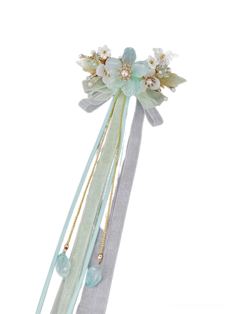 Full front view of Snow Lotus mint green Chinese style Hanfu back hairpin with flowers pearls butterfly ornaments organza ribbons and tassels