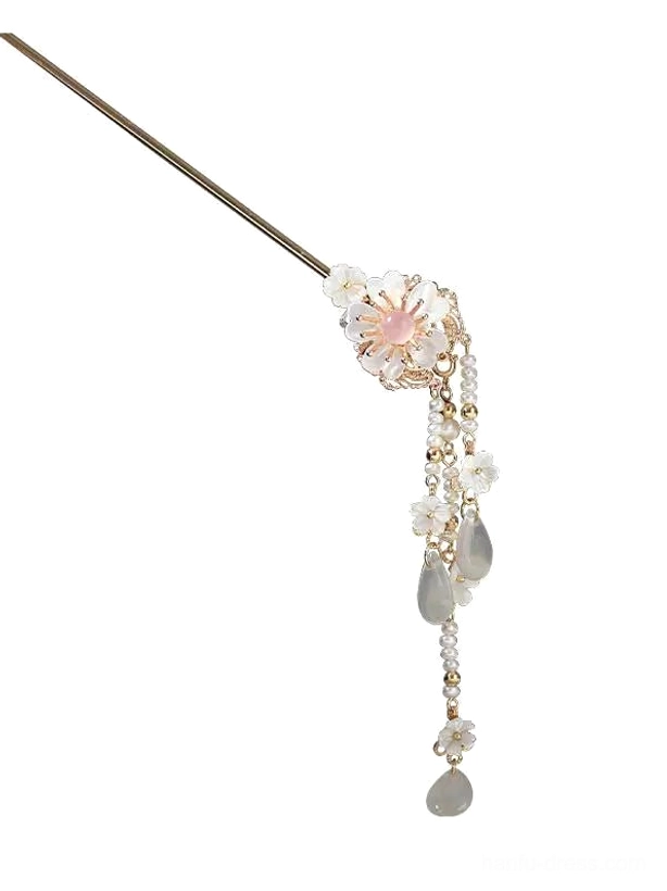 Minimalist white flower tassel Chinese hair stick with gold-tone metal, beaded chain, and single teardrop agate pendant