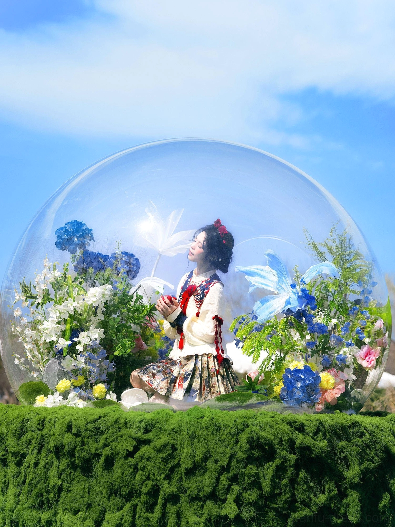 Side view of Snow White inspired modern Hanfu set with apple themed mini mamianqun and cloud collar in a floral garden dome