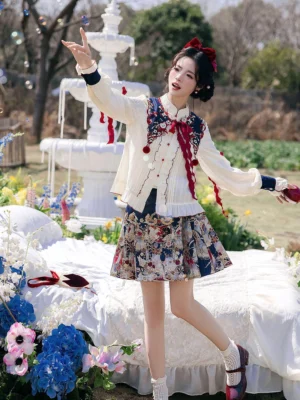 Snow White inspired modern Hanfu full set with cream blouse, mini mamianqun horse face skirt, and red accents in a flower garden