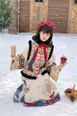 Snow White inspired Qing style cheongsam and embroidered vest worn in a snowy winter setting with red apple accessory