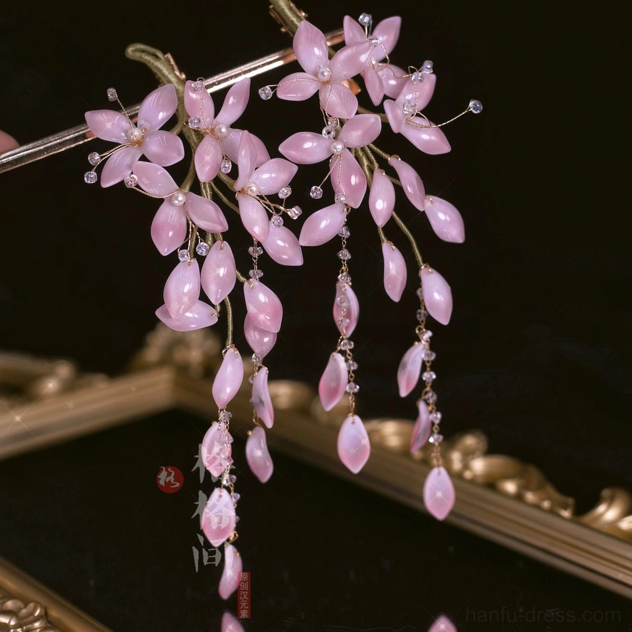 Soft pastel pink wisteria glass hair pins with clustered flower blossoms gradient tassel strands and crystal accents