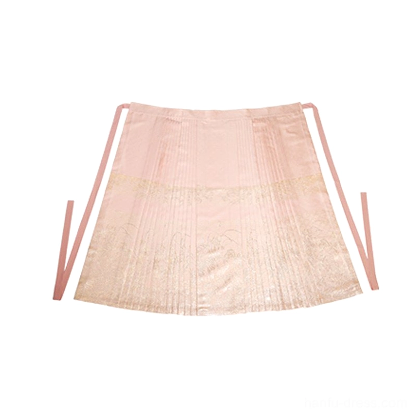 Soft pink and champagne gold gradient pleated mamianqun skirt with gold floral motifs and matching waist ties