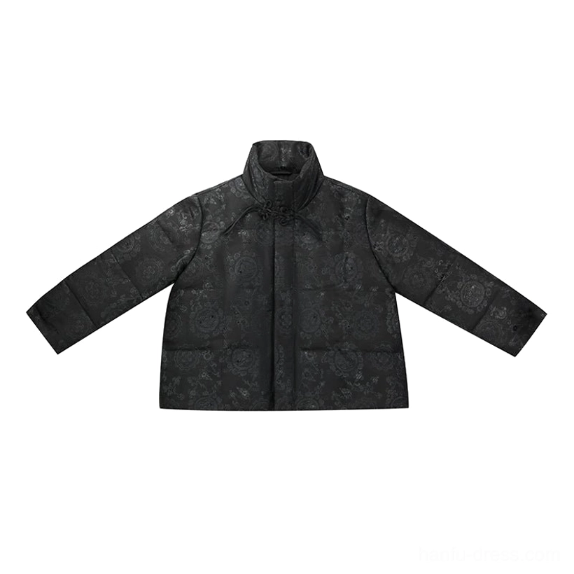 Flat lay front view of a solid black women's modern Hanfu puffer coat with frog fasteners, stand collar, tonal jacquard texture, and cropped boxy cut