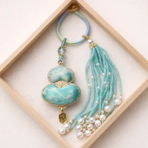 Tiffany blue Song brocade gourd bag charm Chinese keychain with floral fabric, gold tone hardware, braided cord, pearl beads and tassel