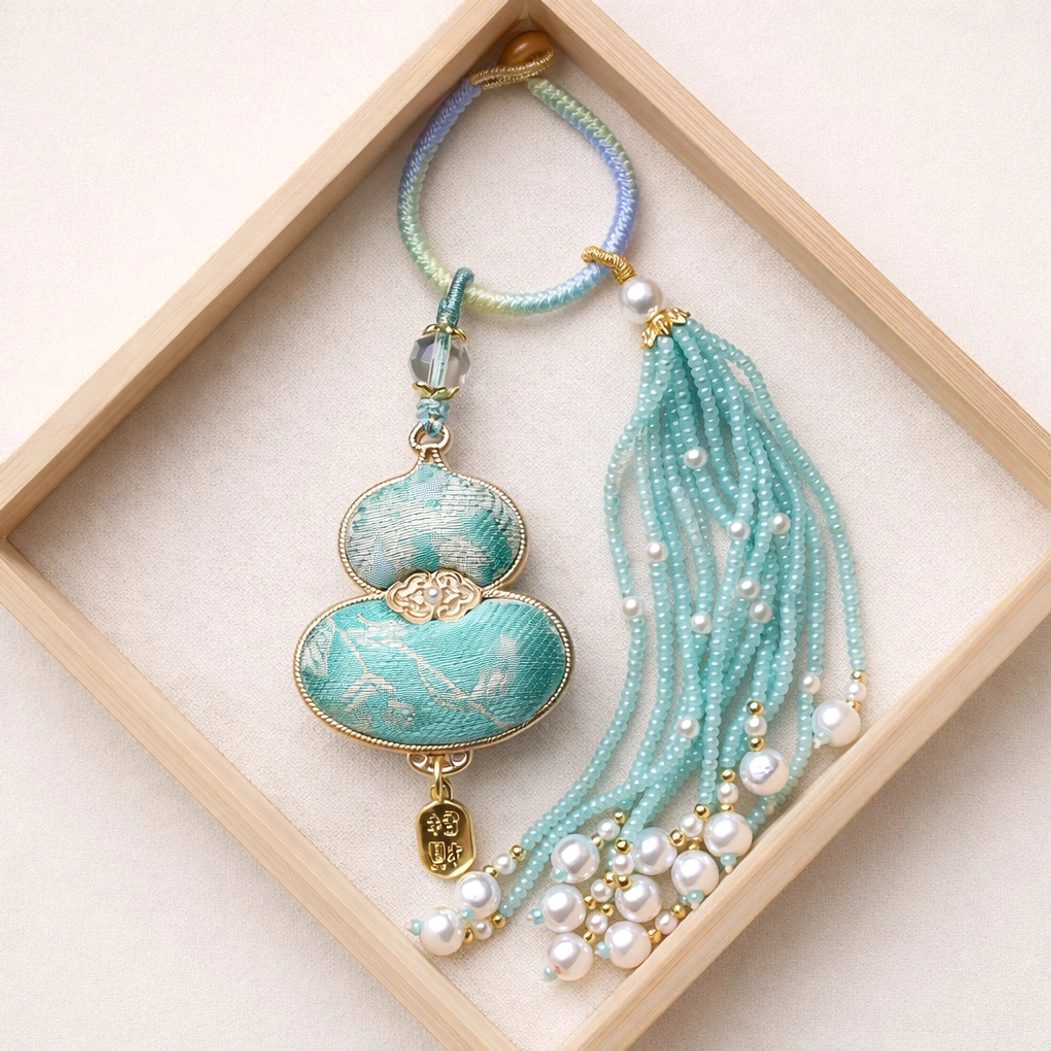 Tiffany blue Song brocade gourd bag charm Chinese keychain with floral fabric, gold tone hardware, braided cord, pearl beads and tassel