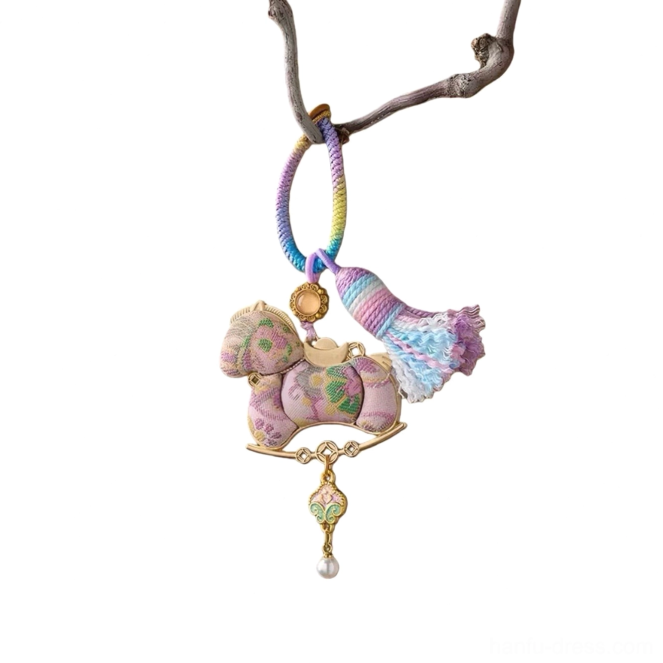 Song brocade rocking horse Chinese keychain bag charm with pastel rainbow woven cord, floral fabric horse, gradient tassel, gold-tone frame and pearl-drop pendant on a twig