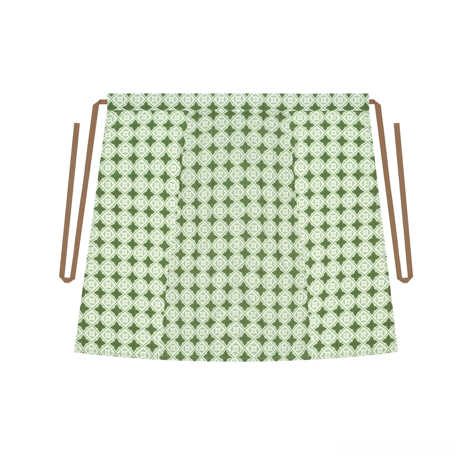 Song Dynasty geometric spiral wrap skirt in green and white pattern with brown side waist ties displayed flat