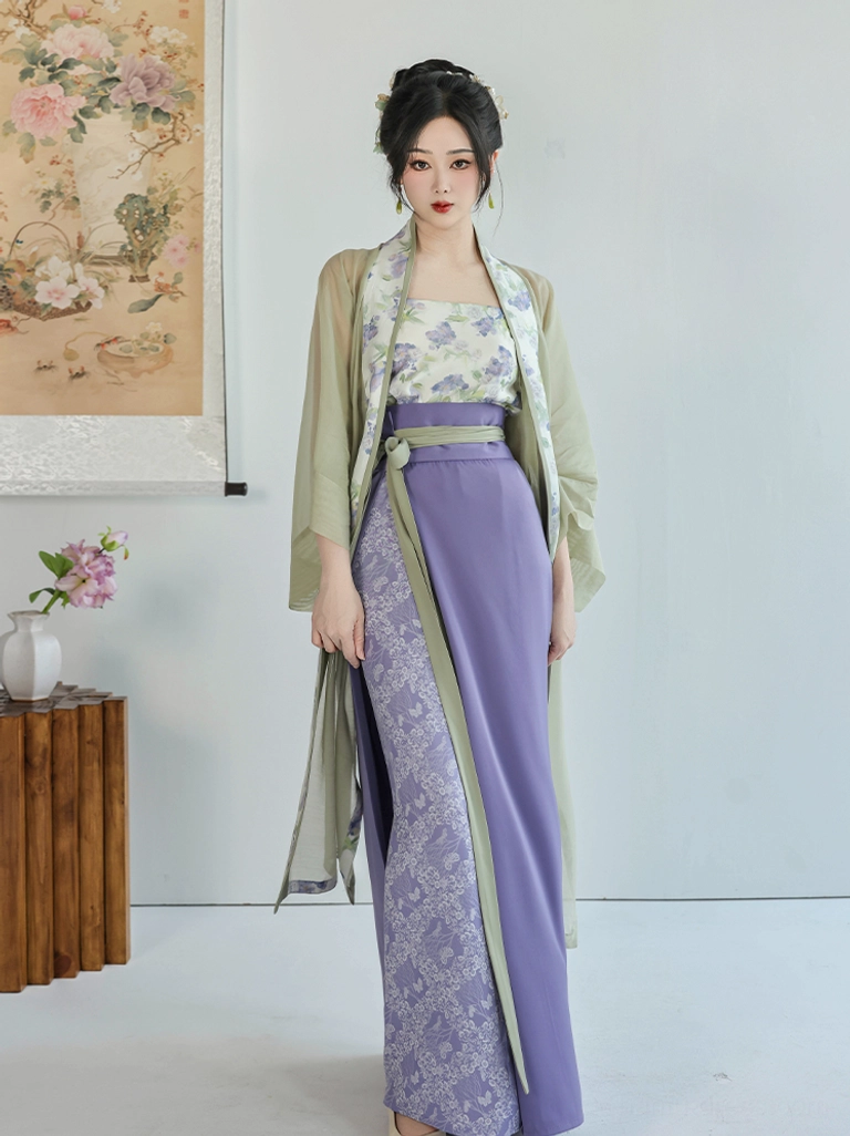Front full-length Song Dynasty Hanfu beizi set with purple two-tone spiral wrap skirt and sage green waist ties