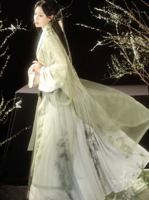 Side profile of a flowing Song Dynasty Hanfu outfit with sheer green Beizi jacket, printed pleated skirt, and elegant robe train