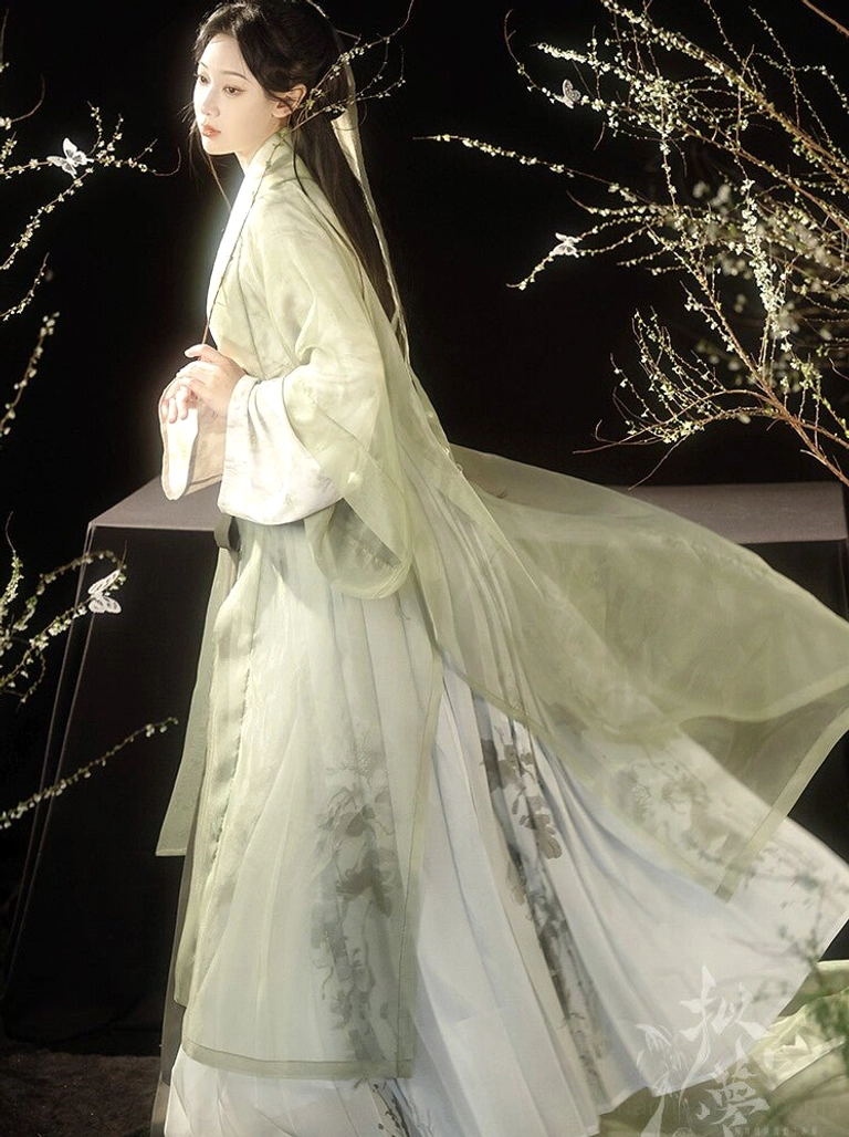 Side profile of a flowing Song Dynasty Hanfu outfit with sheer green Beizi jacket, printed pleated skirt, and elegant robe train