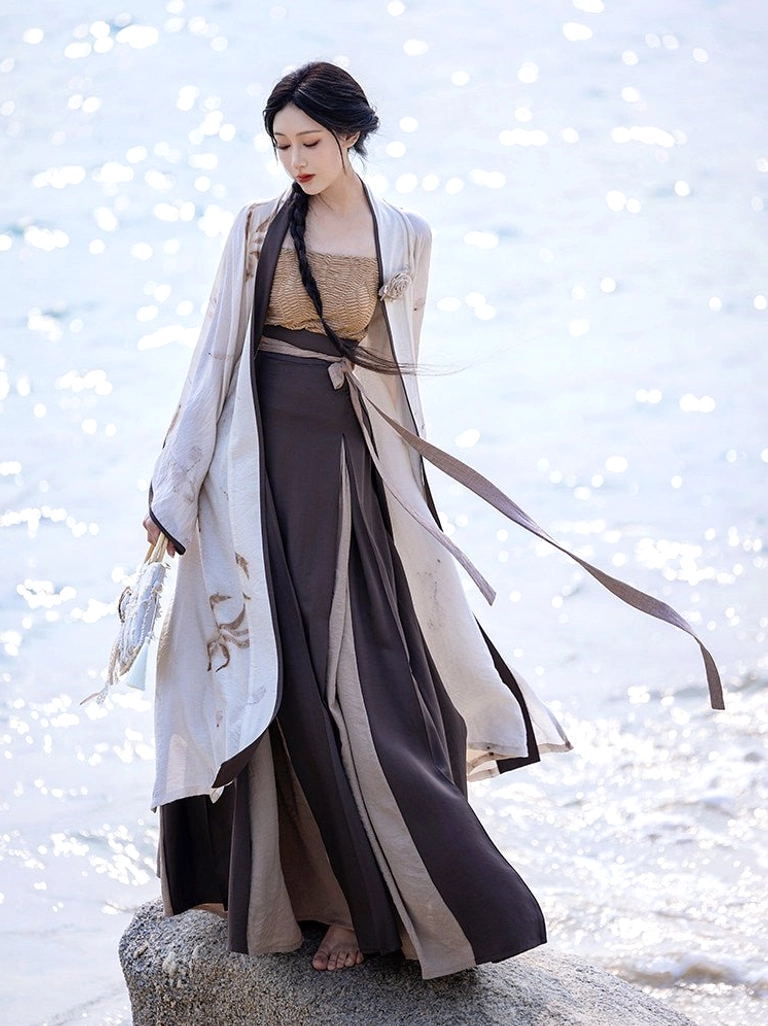 Side view of Song Dynasty inspired Hanfu outfit showing long trailing waist ties, flowing beizi jacket, layered wrap skirt, and neutral earth-tone styling