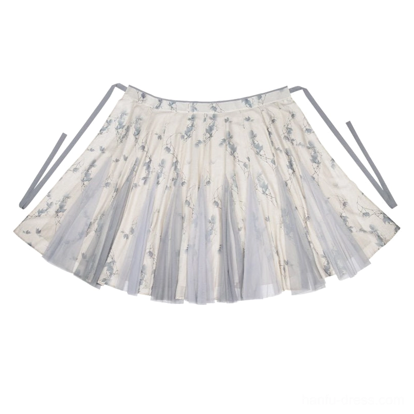 Ivory and dusty blue floral pleated Hanfu wrap skirt with attached waist sash ties flat lay front view