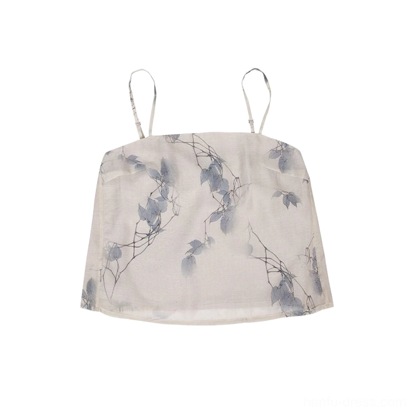 Blue vine floral Hanfu camisole with slim straps and ivory base fabric flat lay front view