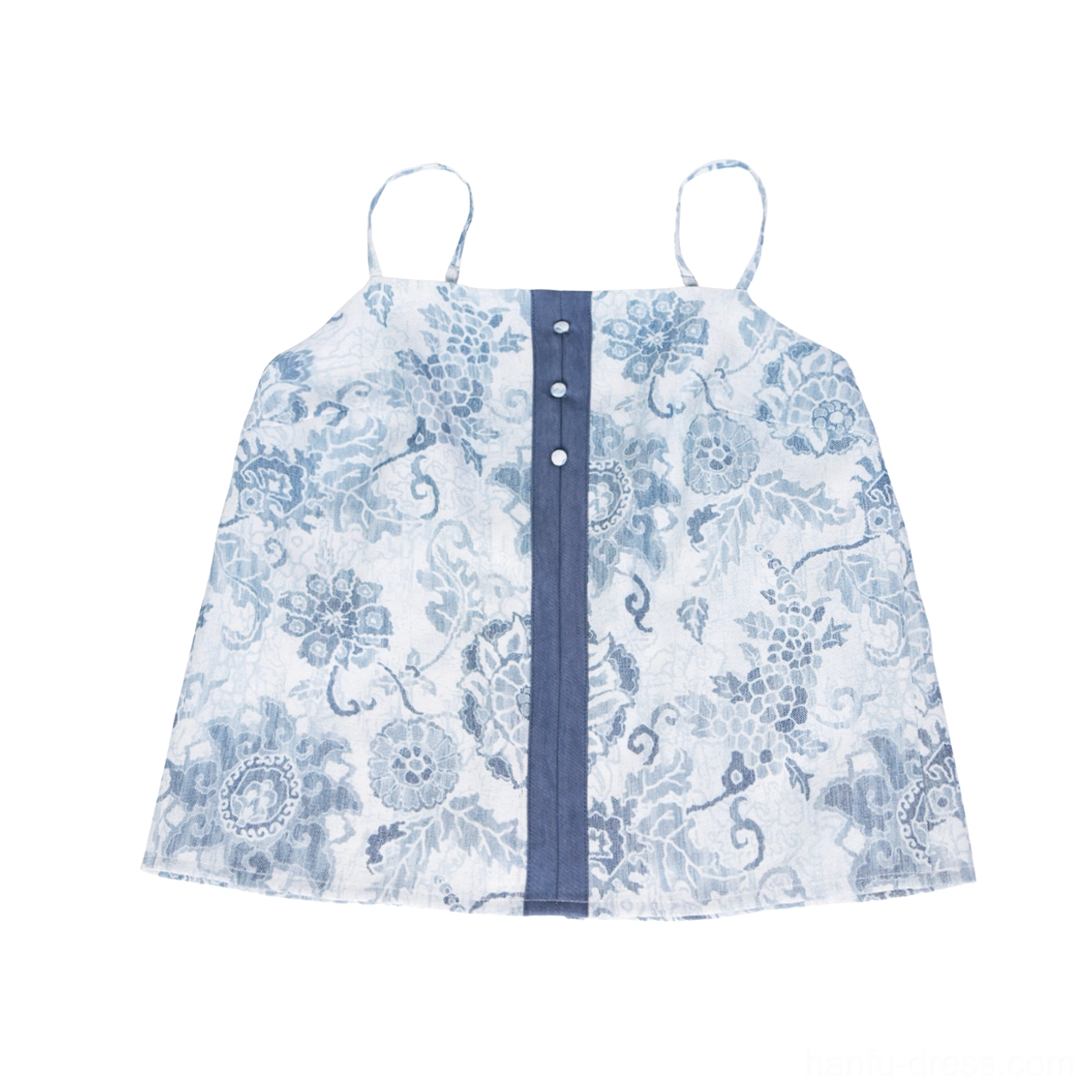 Blue and white porcelain floral print Song Dynasty Hanfu camisole with adjustable straps, contrast placket and round buttons