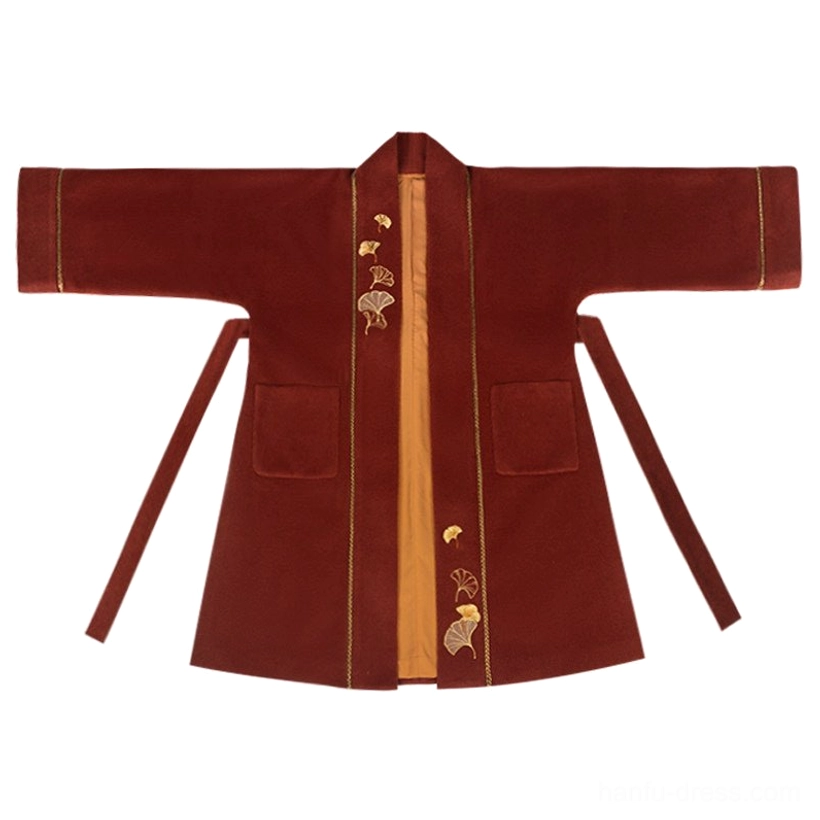 Flat lay front view of brick red Song Dynasty Hanfu winter jacket with golden ginkgo embroidery contrast trim pockets and side ties