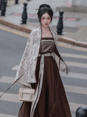 Modern Song Dynasty Hanfu outfit with lace-trim camisole printed cardigan and long coffee brown wide-leg pants front view